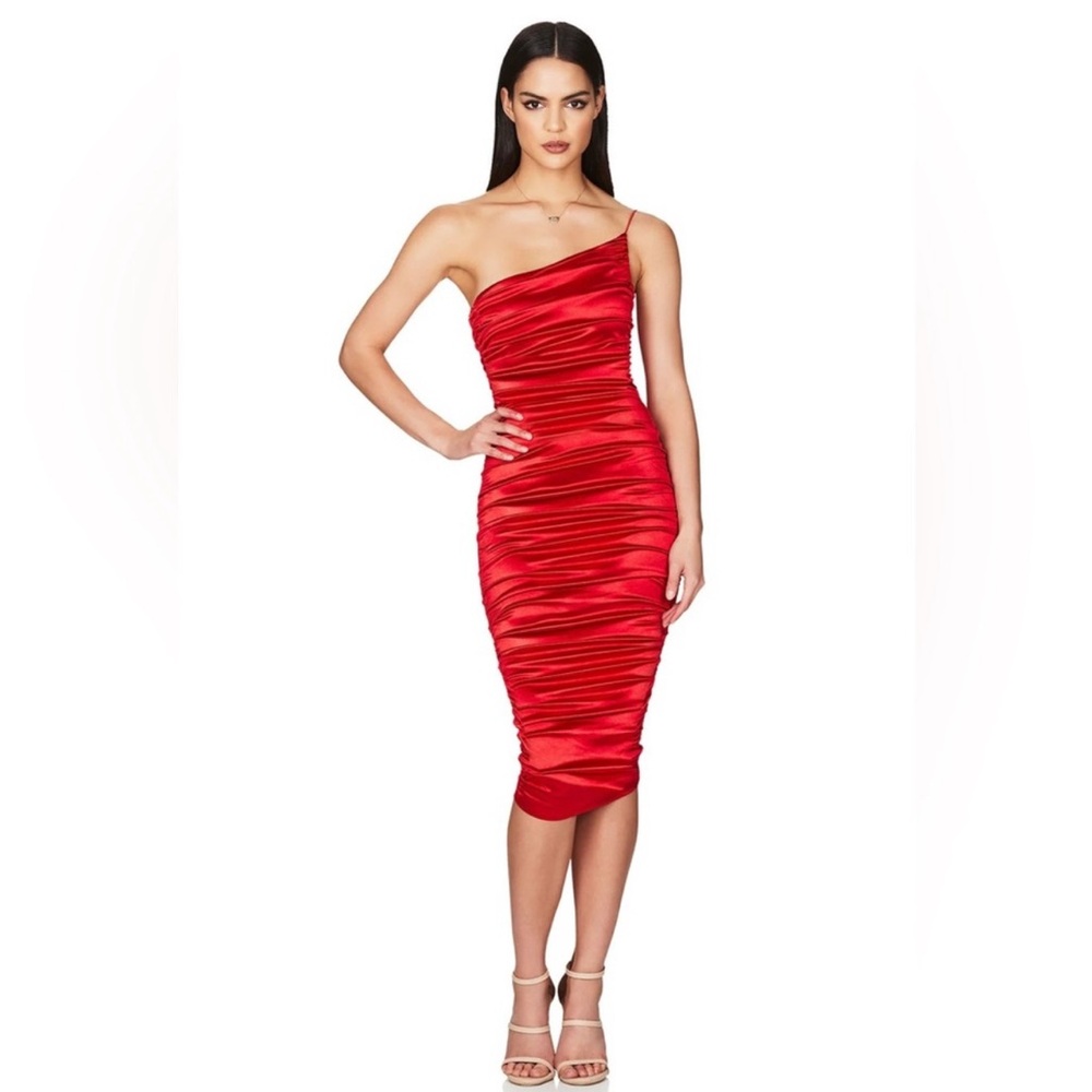 NWT Nookie Satin Cupid Midi Dress in Red XS $280